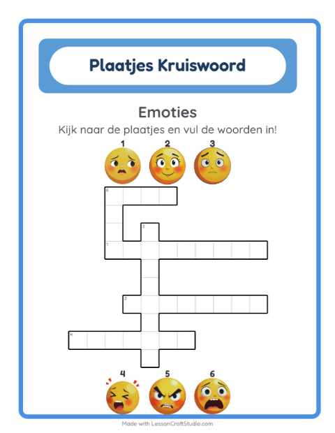 Voorbeeld van het Kruiswoordraadsel-werkblad met Emoties voor groep 4