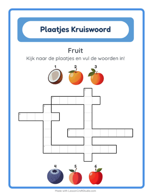 Voorbeeld van het Kruiswoordraadsel-werkblad met Fruit voor groep 4