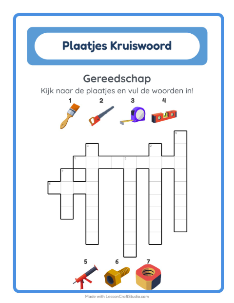 Voorbeeld van het Kruiswoordraadsel-werkblad met Gereedschap voor groep 4