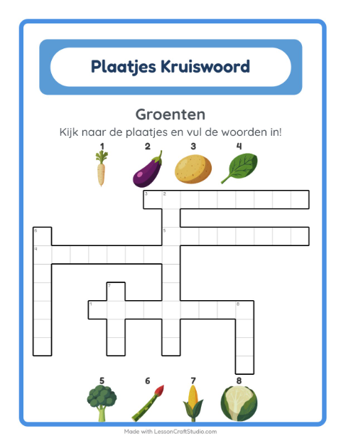 Voorbeeld van het Kruiswoordraadsel-werkblad met Groenten voor groep 4
