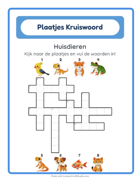 Voorbeeld van het Kruiswoordraadsel-werkblad met Huisdieren voor groep 4