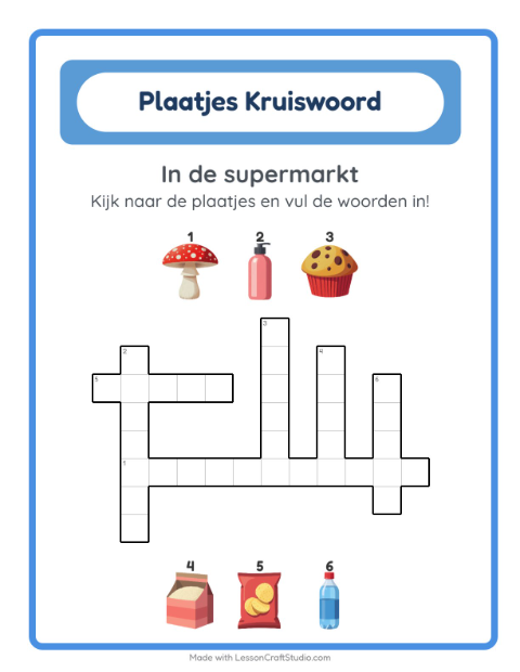 Voorbeeld van het Kruiswoordraadsel-werkblad met In de supermarkt voor groep 4