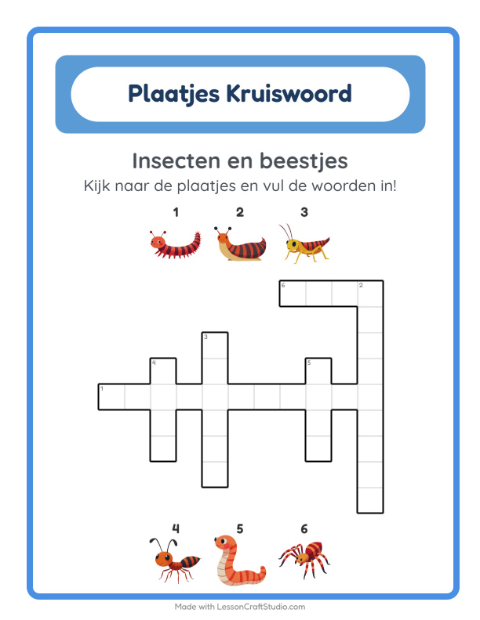 Voorbeeld van het Kruiswoordraadsel-werkblad met Insecten en beestjes voor groep 4