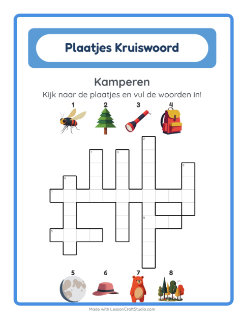 Voorbeeld van het Kruiswoordraadsel-werkblad met Kamperen voor groep 4