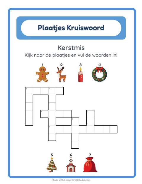 Voorbeeld van het Kruiswoordraadsel-werkblad met Kerstmis voor groep 4