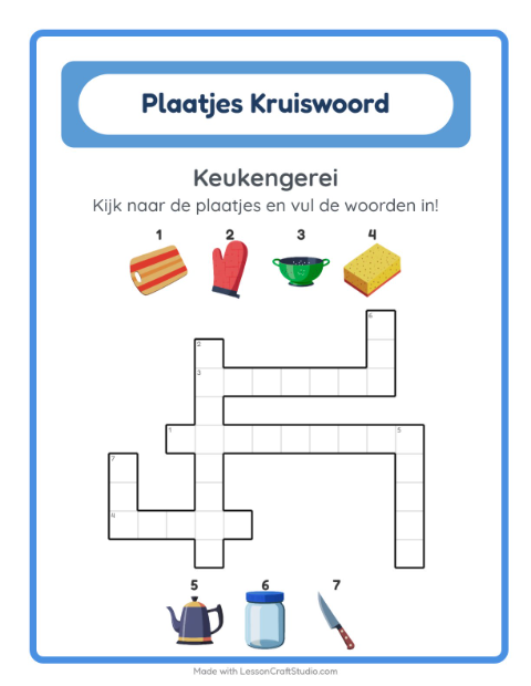 Voorbeeld van het Kruiswoordraadsel-werkblad met Keukengerei voor groep 4