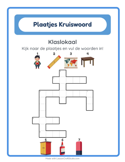 Voorbeeld van het Kruiswoordraadsel-werkblad met Klaslokaal voor groep 4