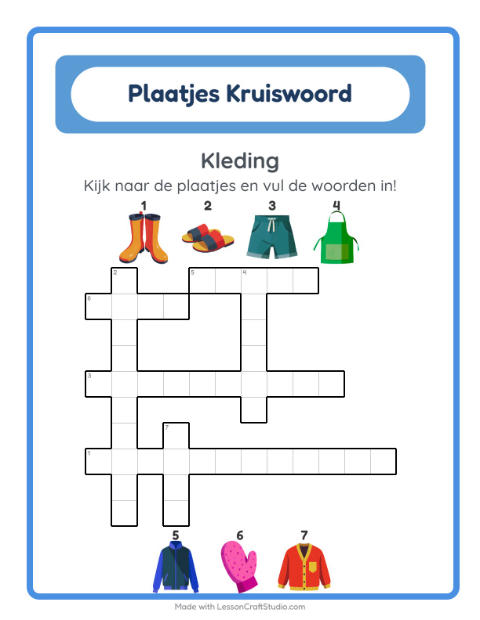 Voorbeeld van het Kruiswoordraadsel-werkblad met Kleding voor groep 4