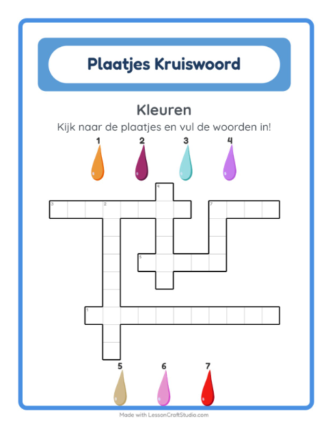 Voorbeeld van het Kruiswoordraadsel-werkblad met Kleuren voor groep 4