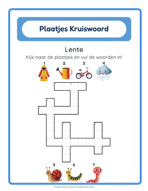 Voorbeeld van het Kruiswoordraadsel-werkblad met Lente voor groep 4