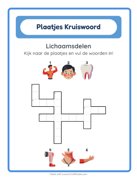 Voorbeeld van het Kruiswoordraadsel-werkblad met Lichaamsdelen voor groep 4