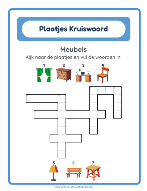 Voorbeeld van het Kruiswoordraadsel-werkblad met Meubels voor groep 4