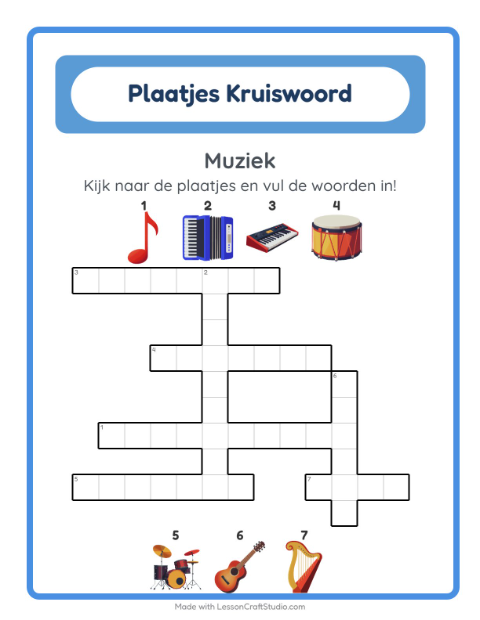 Voorbeeld van het Kruiswoordraadsel-werkblad met Muziek voor groep 4