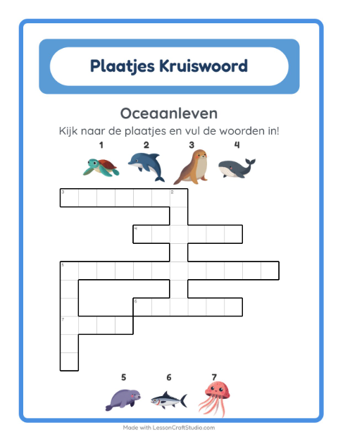 Voorbeeld van het Kruiswoordraadsel-werkblad met Oceaanleven voor groep 4
