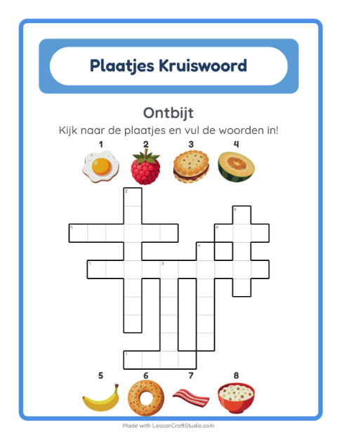 Voorbeeld van het Kruiswoordraadsel-werkblad met Ontbijt voor groep 4