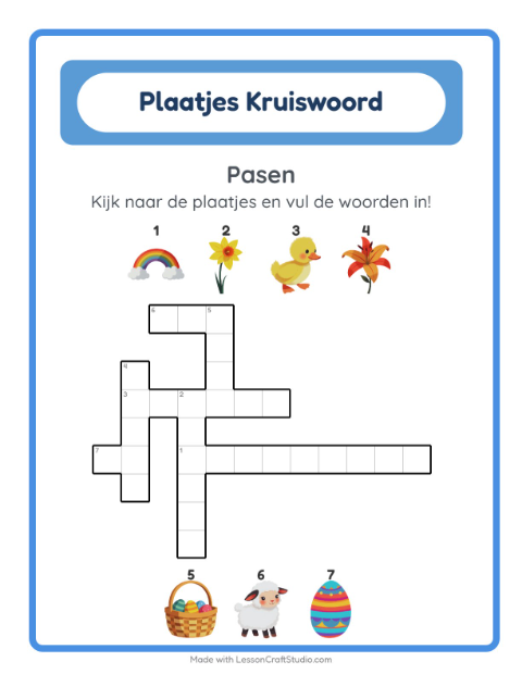 Voorbeeld van het Kruiswoordraadsel-werkblad met Pasen voor groep 4