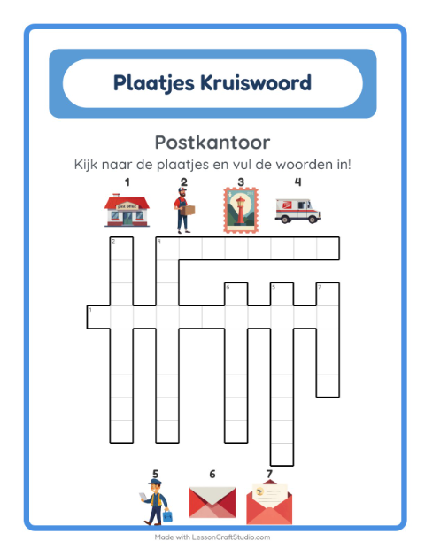 Voorbeeld van het Kruiswoordraadsel-werkblad met Postkantoor voor groep 4