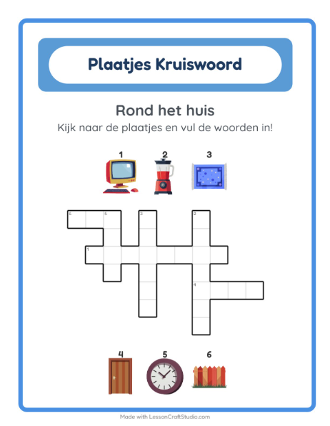 Voorbeeld van het Kruiswoordraadsel-werkblad met Rond het huis voor groep 4