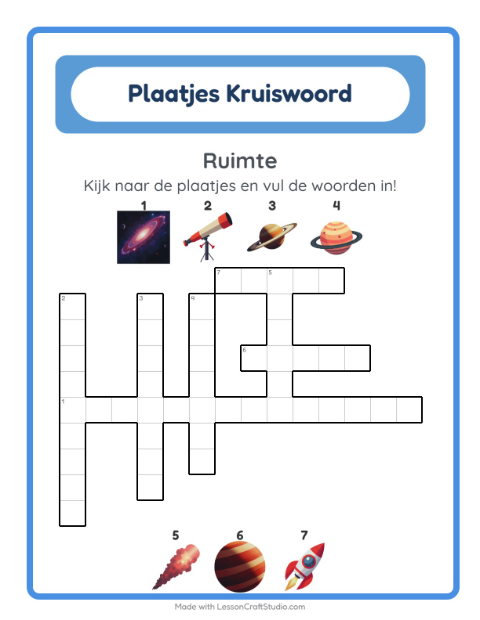 Voorbeeld van het Kruiswoordraadsel-werkblad met Ruimte voor groep 4