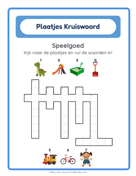 Voorbeeld van het Kruiswoordraadsel-werkblad met Speelgoed voor groep 4