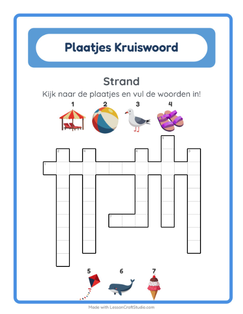 Voorbeeld van het Kruiswoordraadsel-werkblad met Strand voor groep 4