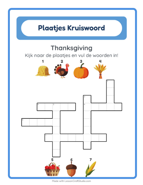 Voorbeeld van het Kruiswoordraadsel-werkblad met Thanksgiving voor groep 4