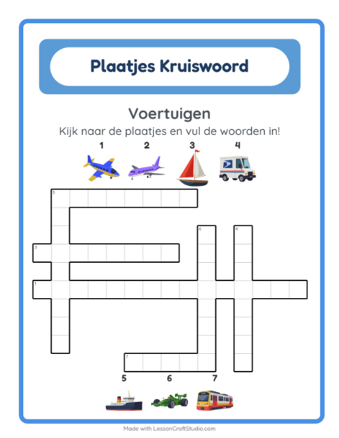 Voorbeeld van het Kruiswoordraadsel-werkblad met Voertuigen voor groep 4
