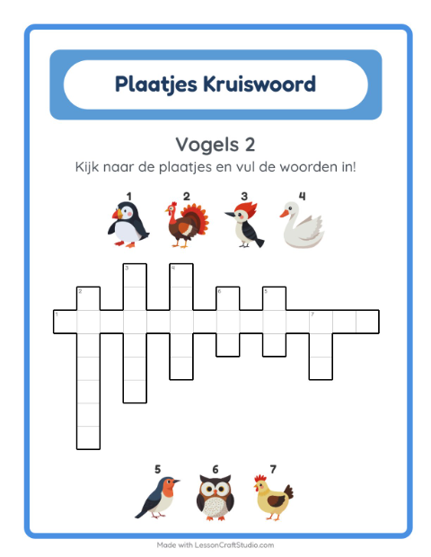 Voorbeeld van het Kruiswoordraadsel-werkblad met Vogels 2 voor groep 4