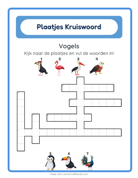 Voorbeeld van het Kruiswoordraadsel-werkblad met Vogels voor groep 4