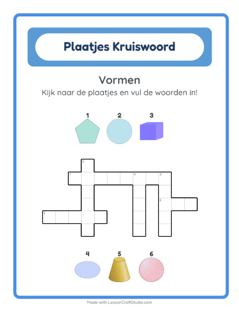 Voorbeeld van het Kruiswoordraadsel-werkblad met Vormen voor groep 4