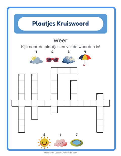 Voorbeeld van het Kruiswoordraadsel-werkblad met Weer voor groep 4