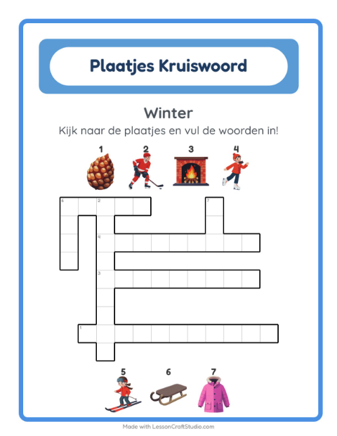 Voorbeeld van het Kruiswoordraadsel-werkblad met Winter voor groep 4