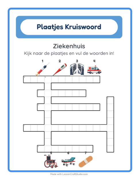 Voorbeeld van het Kruiswoordraadsel-werkblad met Ziekenhuis voor groep 4