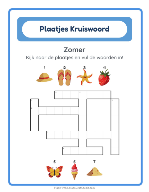 Voorbeeld van het Kruiswoordraadsel-werkblad met Zomer voor groep 4