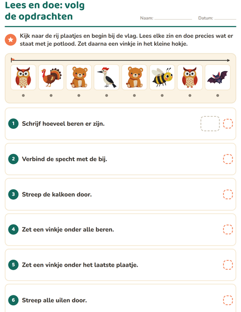 Voorbeeld van het Lees en doe-werkblad met Boswezens voor groep 3