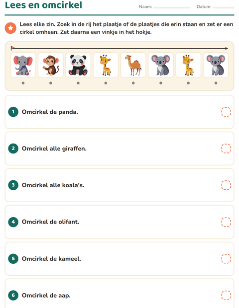 Lees en omcirkel: zoek het dierentuindier dat de zin noemt
