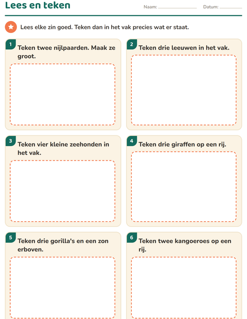 Voorbeeld van het Lees en doe-werkblad met Dierentuindieren voor groep 3