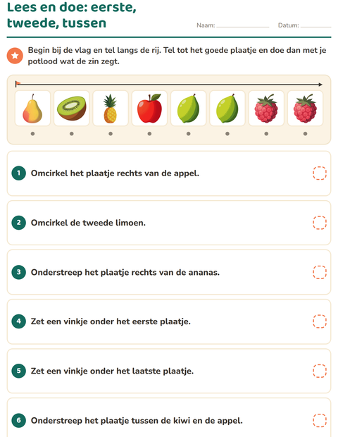 Lees en doe: eerste, tweede, tussen: vind het plaatje op zijn plaats