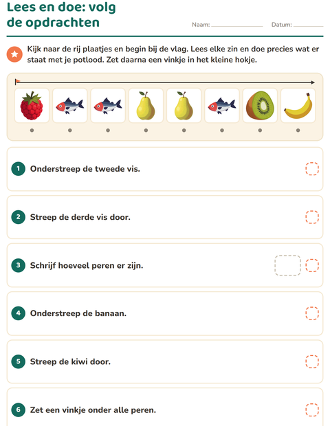 Voorbeeld van het Lees en doe-werkblad met In de supermarkt voor groep 3