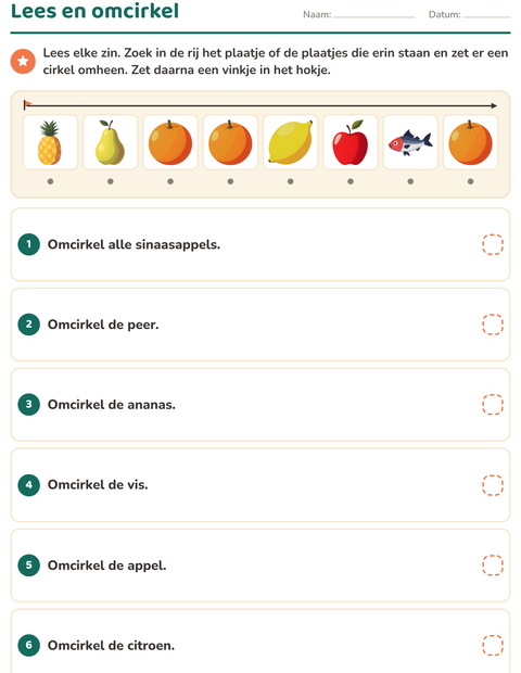 Voorbeeld van het Lees en doe-werkblad met In de supermarkt voor groep 3