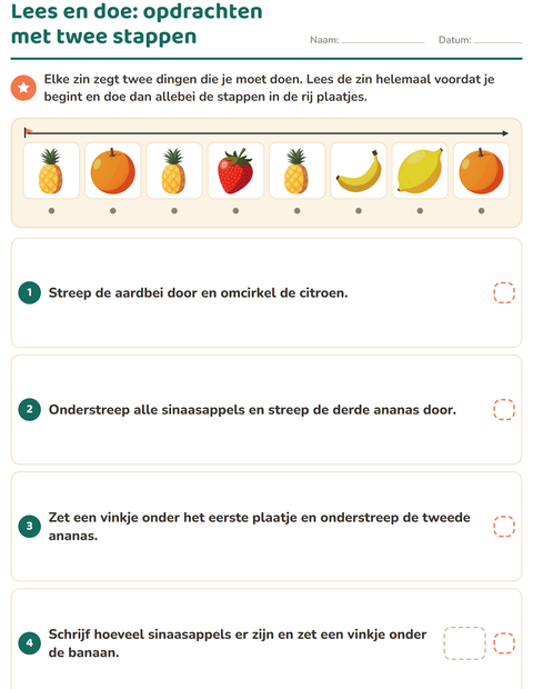 Voorbeeld van het Lees en doe-werkblad met In de supermarkt voor groep 3
