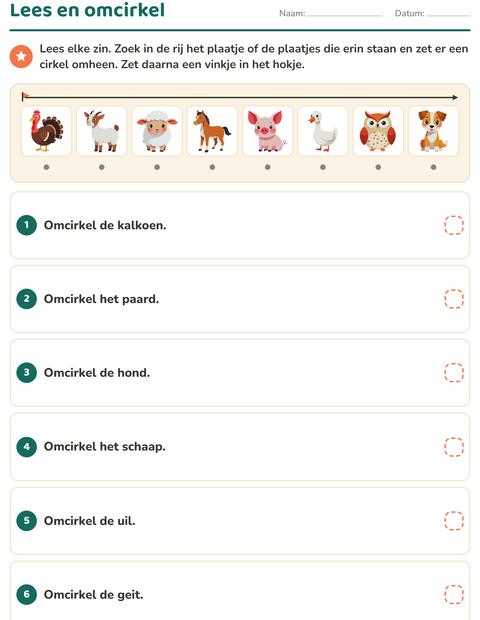 Voorbeeld van het Lees en doe-werkblad met Boerderijdieren voor groep 3