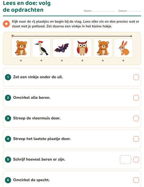 Voorbeeld van het Lees en doe-werkblad met Boswezens voor groep 3