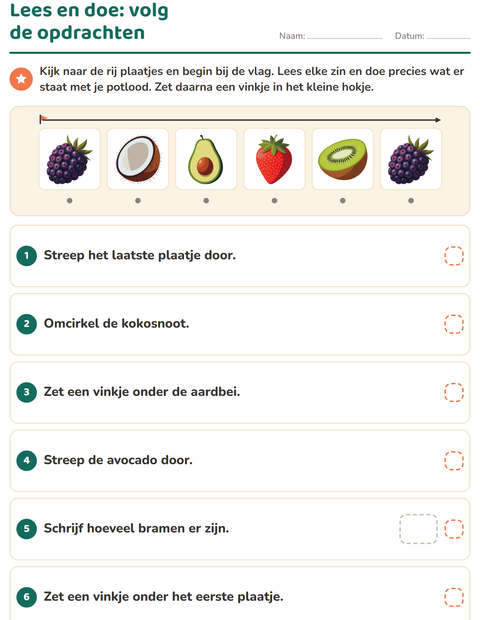 Voorbeeld van het Lees en doe-werkblad met Fruit voor groep 3