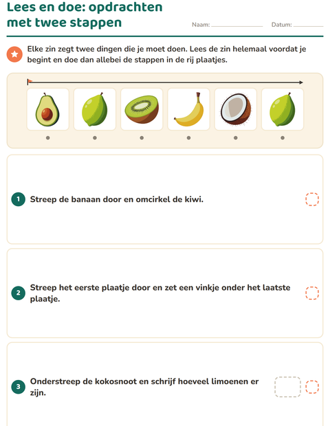 Voorbeeld van het Lees en doe-werkblad met Fruit voor groep 3
