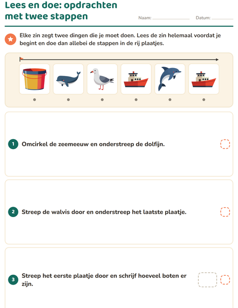 Voorbeeld van het Lees en doe-werkblad met Strand voor groep 3
