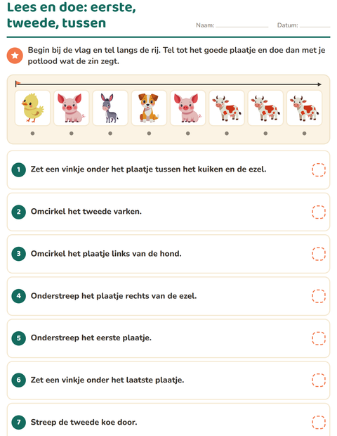 Voorbeeld van het Lees en doe-werkblad met Boerderijdieren voor groep 3