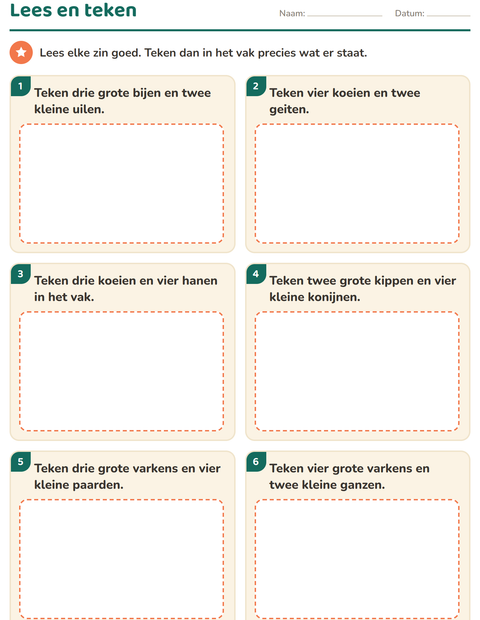 Voorbeeld van het Lees en doe-werkblad met Boerderijdieren voor groep 3