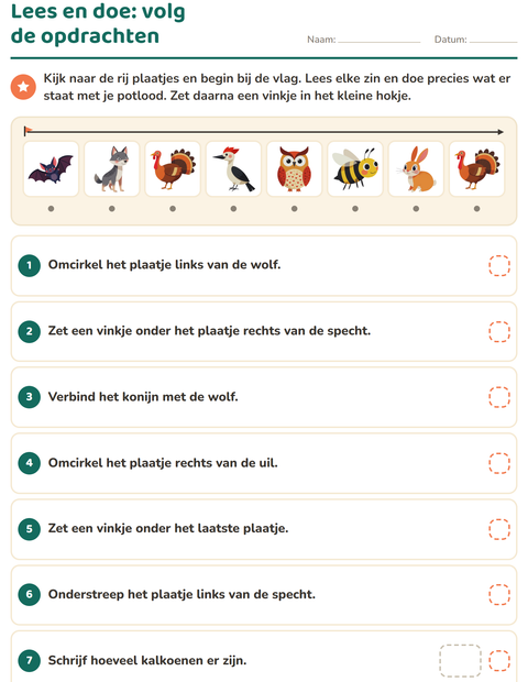 Voorbeeld van het Lees en doe-werkblad met Boswezens voor groep 3