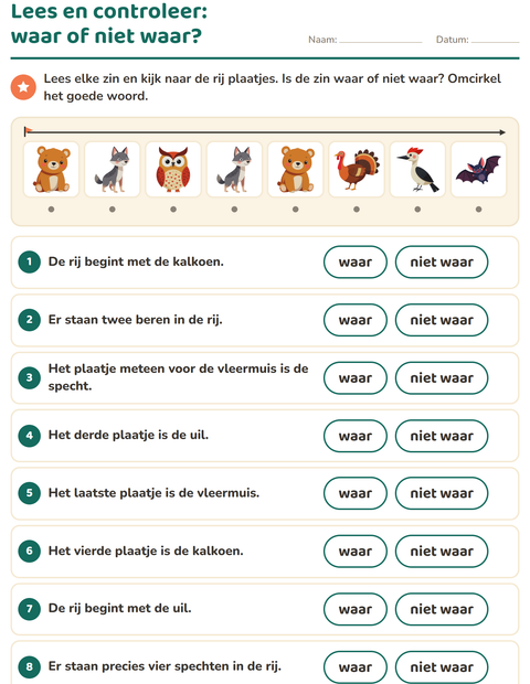 Voorbeeld van het Lees en doe-werkblad met Boswezens voor groep 3